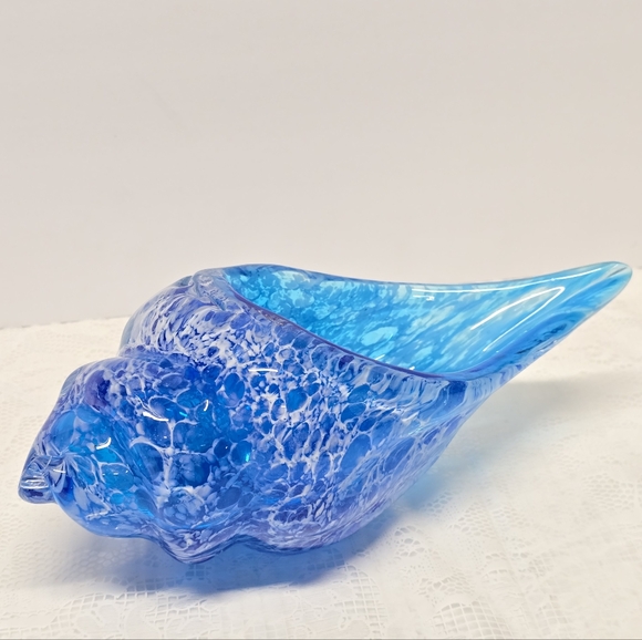 Vintage Other - Murano Style Teal Blue CONCH SHELL Hand-blown Art Glass Trinket Candy Dish